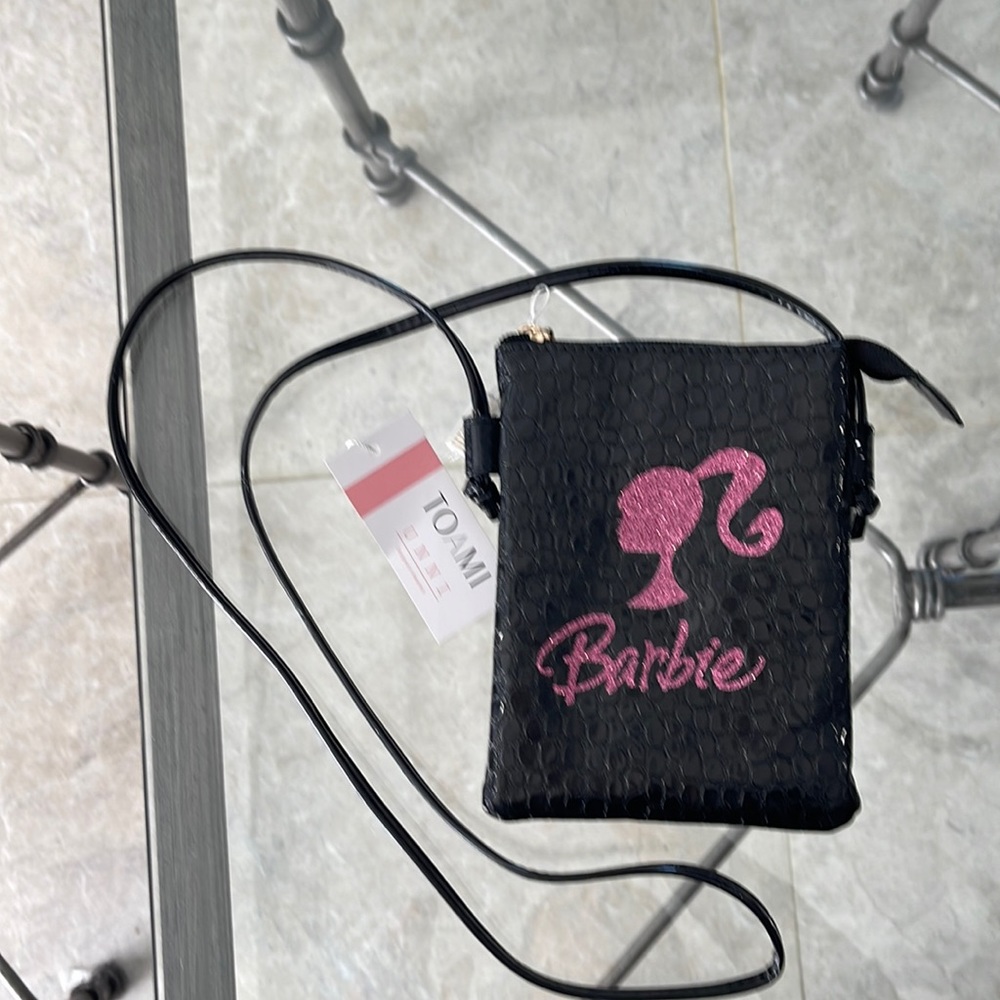 NWT Barbie Crossbody in black faux Croc w/Barbie name & profile in pink glitter.